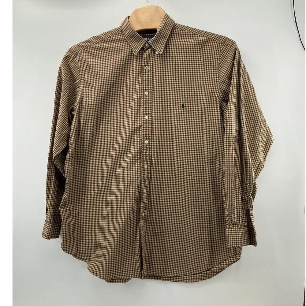 Ralph Lauren‎ Mens 2XLT Tall Classic Fit Gingham Check Button Down Shirt Brown